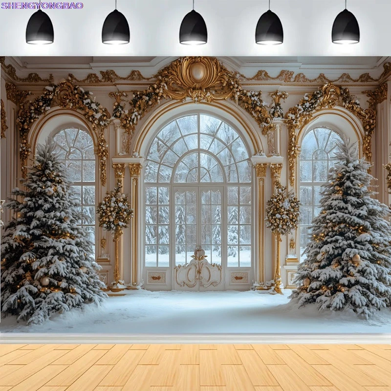 Christmas Day Pine Tree Bell Wreath Photography Backdrops Indoor Fireplace Winter Elk New Year Family Portrait Background CT-08
