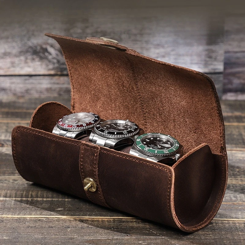 Luxury Handmade Watch Roll Box Organizer 3 Slots Wa tch Travel Leather Case Holder for Men and Women with Buckle Watch Boxes