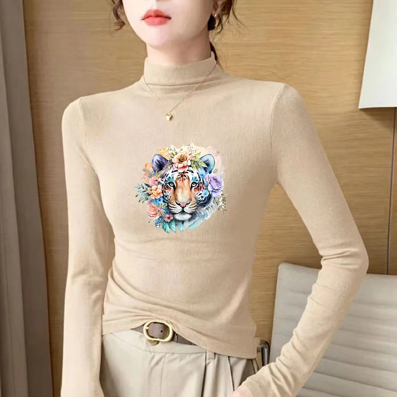 Winter Women's Thermal Brushed Fleece Half Mock Neck Long Sleeve T Shirt Tiger Head Floral Wreath Graphic Warm Tee