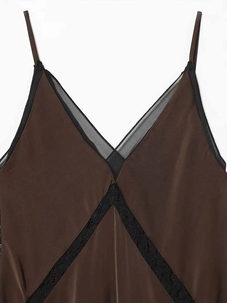 Estilo europeu e americano inverno nova chegada feminina com decote em v cinta de espaguete emendado ​ ​ vestido midi assimétrico de cetim com renda