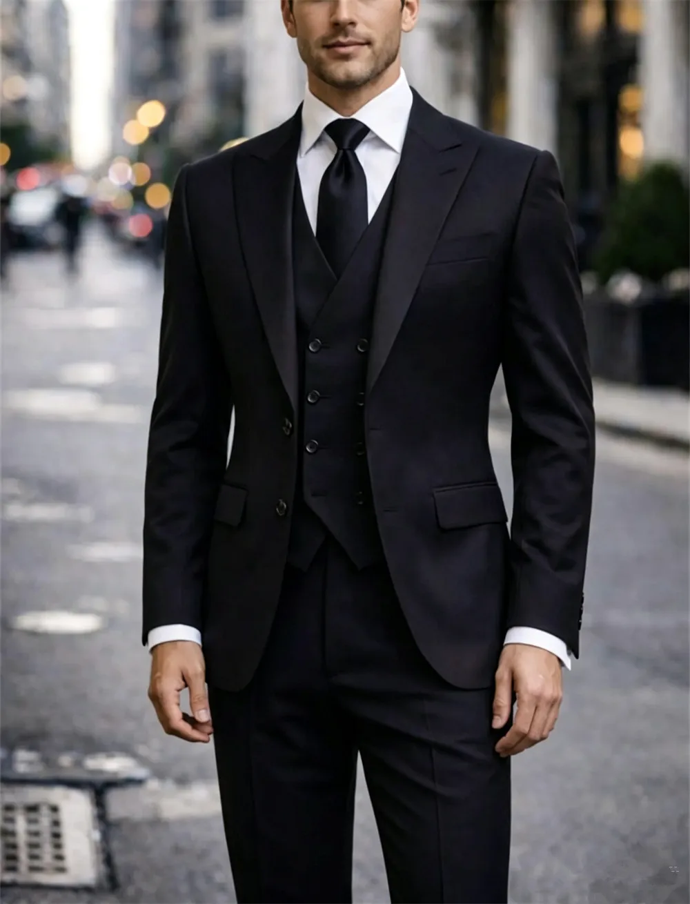 

Mens Black 3 Pcs Men's Suit Double Breasted Vest Elegant Business Formal Outfit Suit Slim Fit Bespoke (Jacket+Vest+Pants)