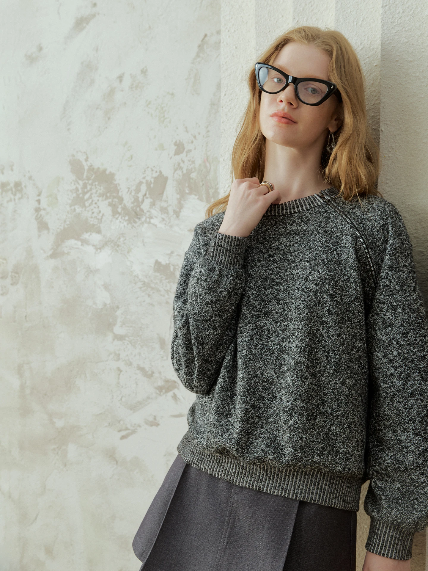 

Вязаный свитер Oz Round Ne для женщин, повседневный топ с косой молнией и геометрической текстурой, из полиэфирного волокна, Cleanfit