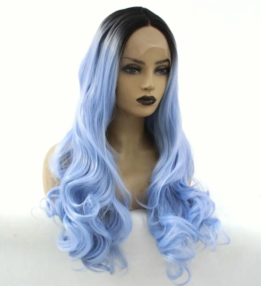 24 In Lace Front Long Wavy Ombre Ash Blue Hair Women Synthetic Party Wigs