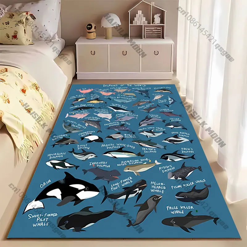 Diverse dolphin species illustrated carpet Yoga living room room decor children's crawling mat doormat area rug games mat