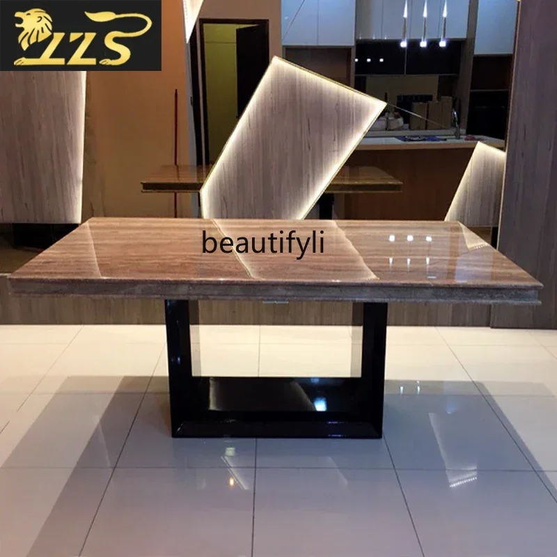 

Natural marble wood dining table Travertine dining table Living room Simple modern rectangular dining tableQ
