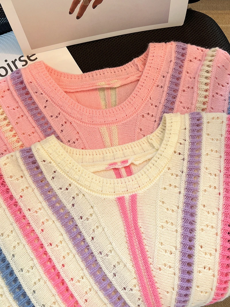 New Rainbow Striped Hollow Sweater Women Korean Retro Fashion Lazy Long Sleeve Knitted Round Neck Pullover Chic Pullover