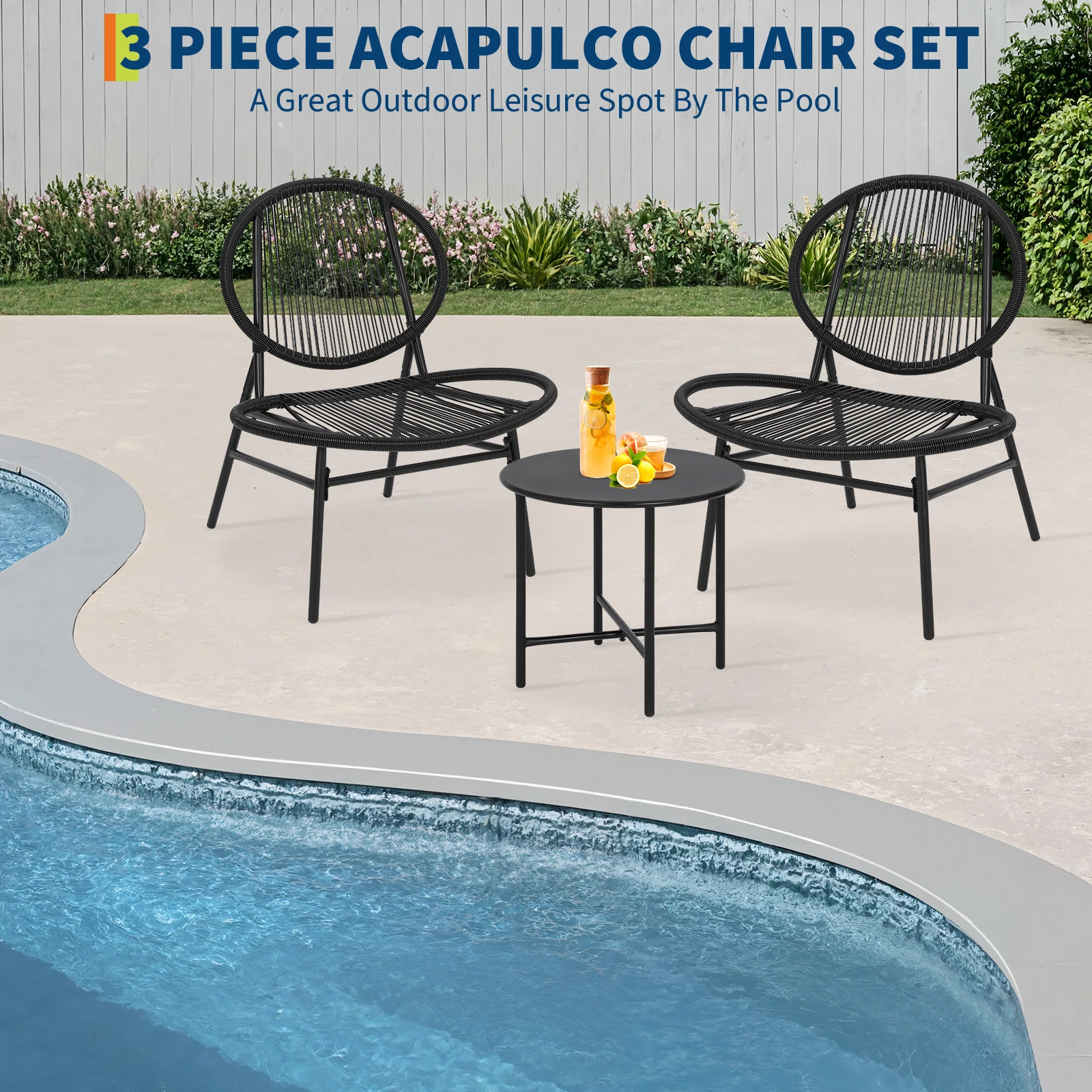 Modern 3-Piece Acapulco Patio Bistro Set - All-Weather Woven Rattan Outdoor Furniture - Includes 2 Oval Armchairs & Side Table - Compact for Garden, Balcony, or Backyard - Black