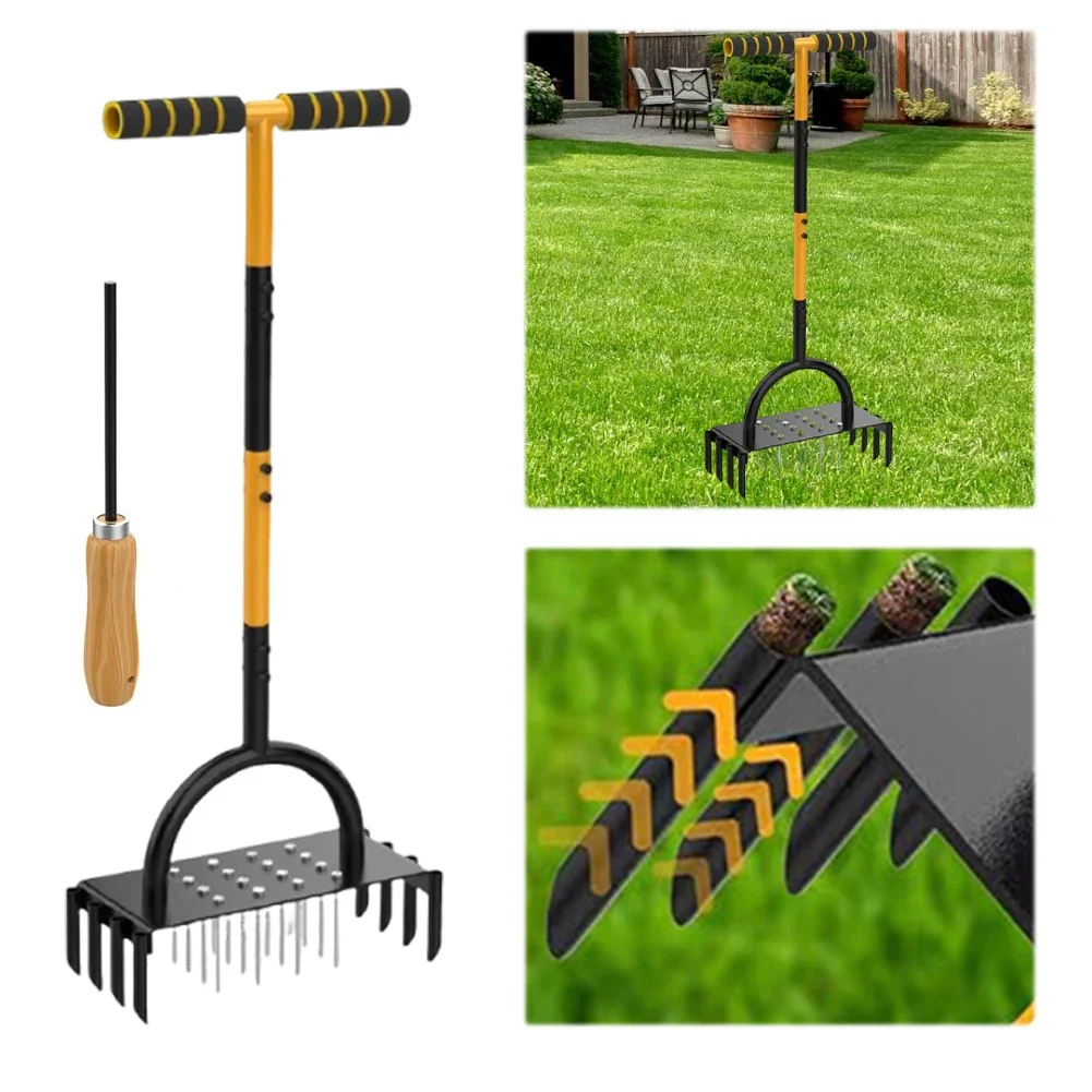 2-in-1 Manual Lawn Aerator Tool Yard Grass Plug Aerator with 16-Spikes Core Aerator Garden Soil Loosening and Compact Soil Care