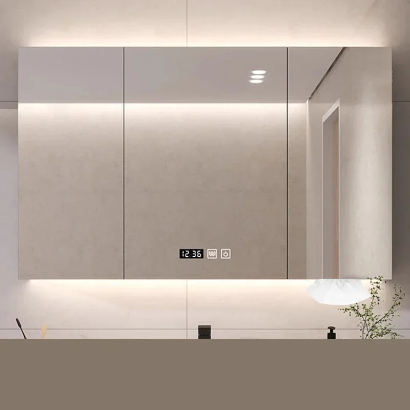 Nordic Smart Bathroom Mirror Cabinet Wall-mounted Mirror Light Fog Removal Solid Wood with Shelf Storage Bathroom Furniture FYBC