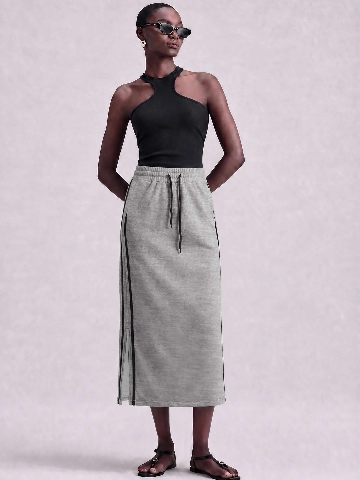 Y2K Streetwear Sweat Midi Skirt, Side Striped Split Hem, Urban Street Snap & Mall Shopping OOTD
