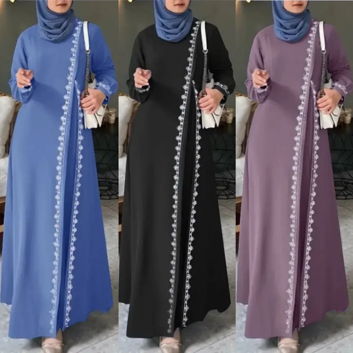 H726# Muslim Women's Long Sleeve Embroidered Dress Casual Spring Fashion Vest Dress Floral Print Loose Fit Maxi Dress