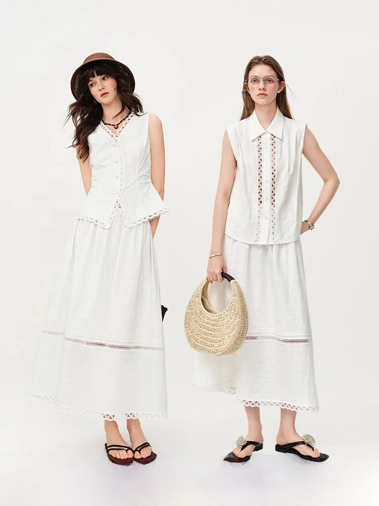 

White Lace Trim Shirt And Vest Set Women's Fashion Summer 2026 Hollow out Skirt Three Piece Cotton V Neck Sleeveless