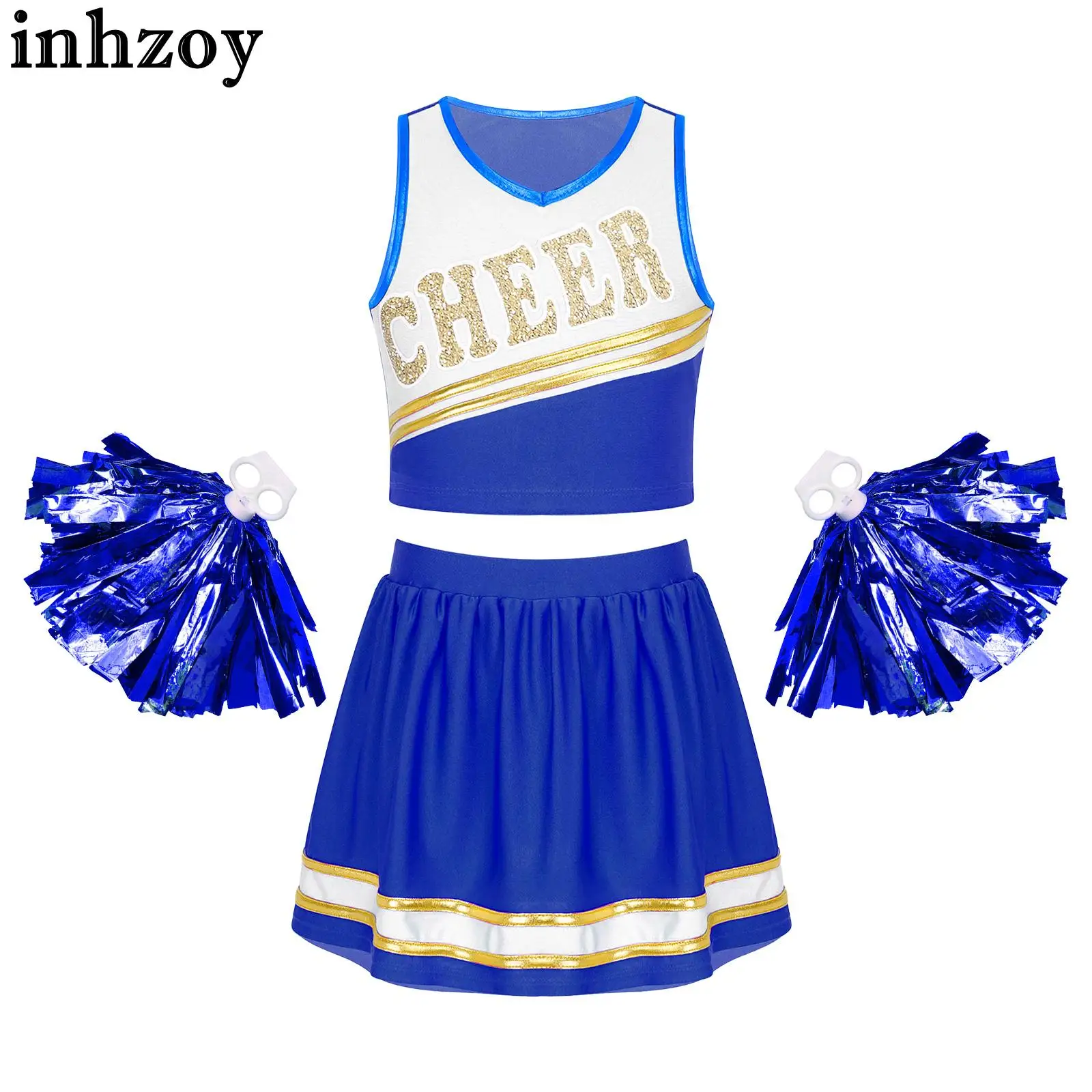 

Kids Girls Cheerleading Dance Costume Halloween Cheer Leader Uniform Letters Printed Crop Top with Skirt Tassel Flower Balls