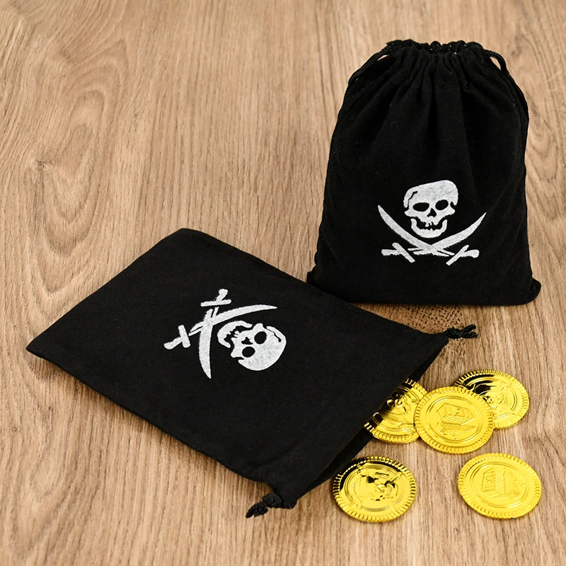 10Pcs Pirate Drawstring Gift Bags Treasure Coin Pouch Kids Boys Halloween Birthday Party Favors Supplies Small Candy Treat Bags