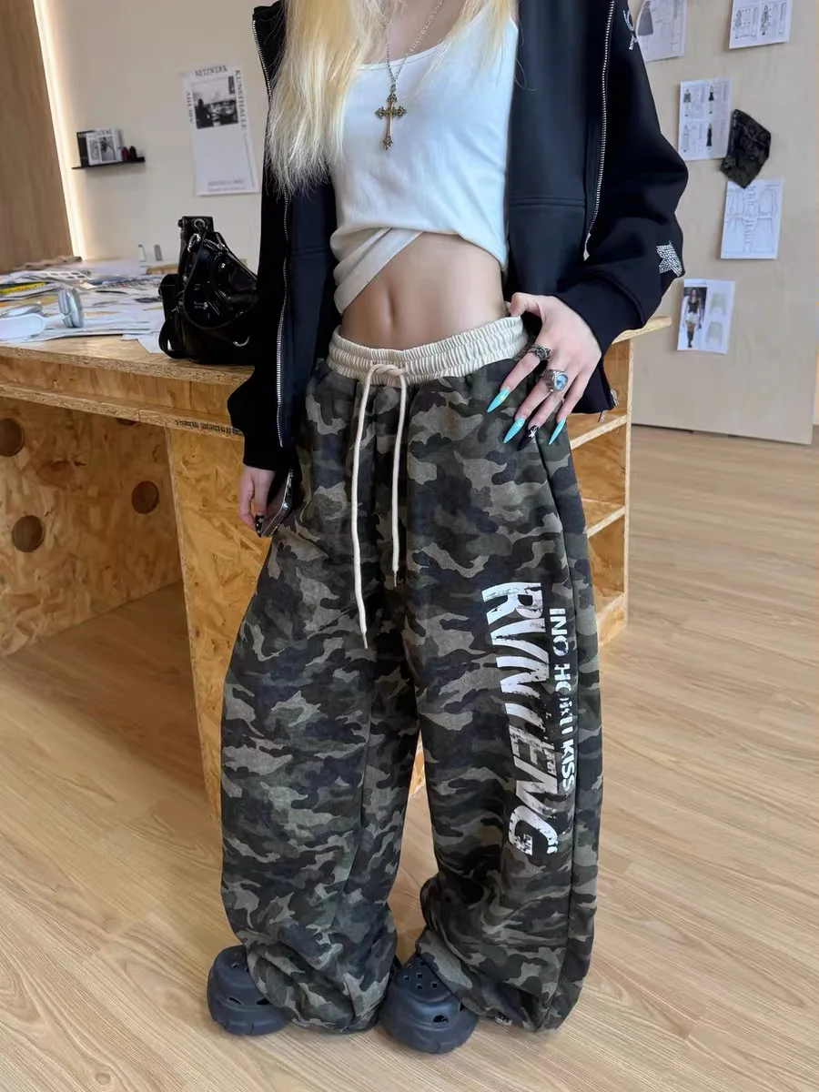

Casual Camouflage Loose Straight Leg Jeans Women's American Streetwear Letter Print High Waist Denim Workwear Pants