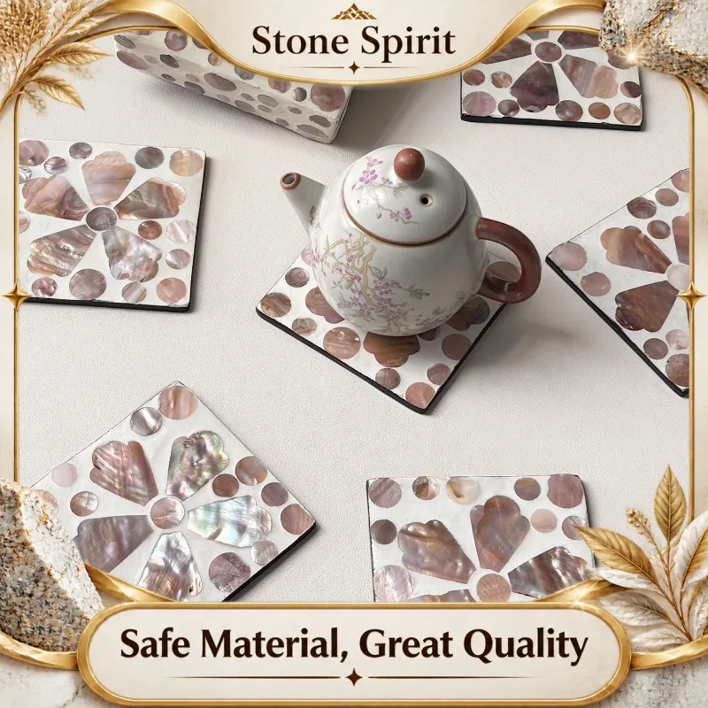 【Premium】Natural Seashell Coasters Set, Square Heat Resistant Placemats for Tea Ceremony, Anti-Slip Table Decor for Coffee Table