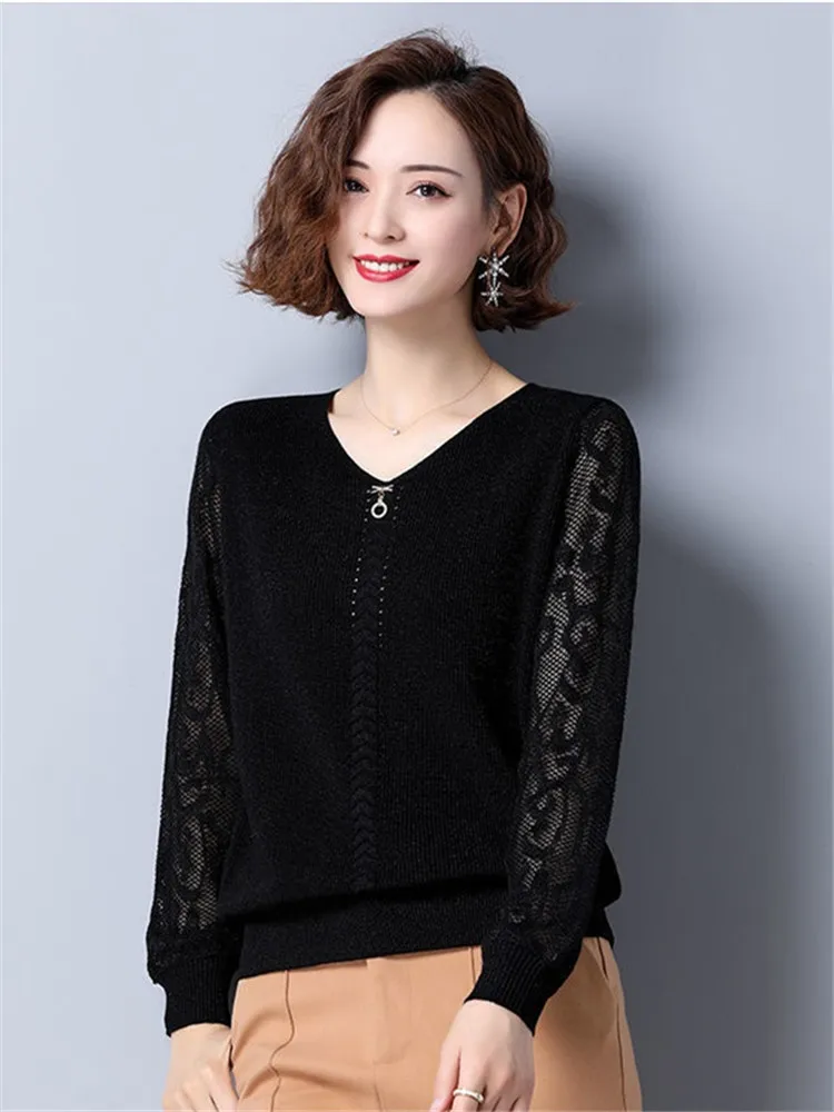 Women's Clothing Lace Knitted Sweaters Casual V-Neck Stylish Hollow Out Spring Autumn New Loose Long Sleeve Solid Color Jumpers