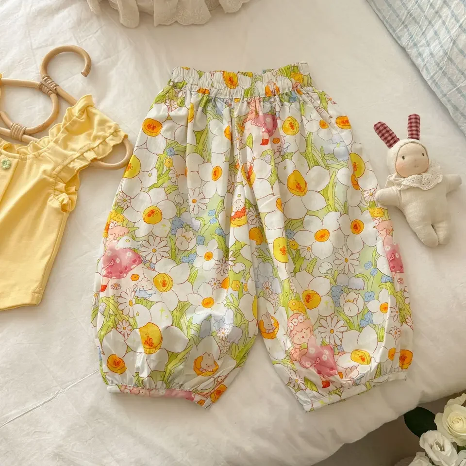 Girls Summer Set Summer New Sweet Fresh Cream Yellow Flower Mosquito Pants Countryside Two Piece Set