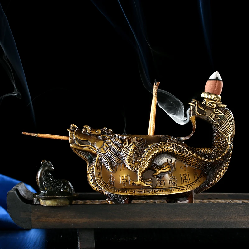 

Burner ornament, brass, green dragon, looking back, dragon dragon, turtle, and longevity pot