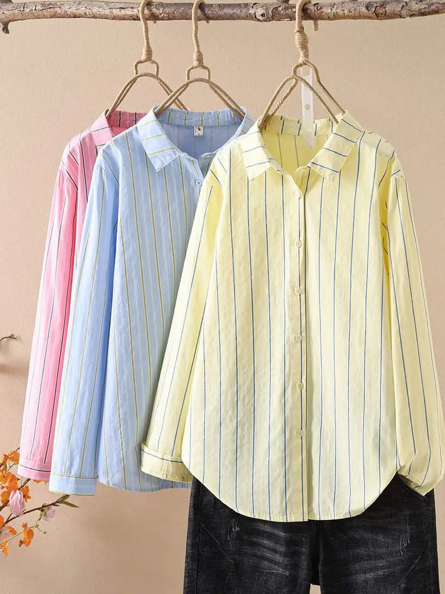 

Yellow Striped Loose Women's Shirt Jacket 2025 Summer New Style Korean Version Fashionable Outerwear Collar Long Sleeve