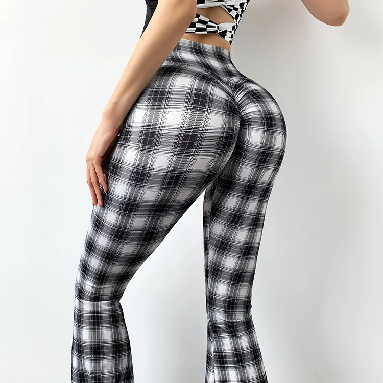 High waist tight hip lifting fitness pants peach fitness chessboard micro ra sports dance pants running fast drying yoga pants