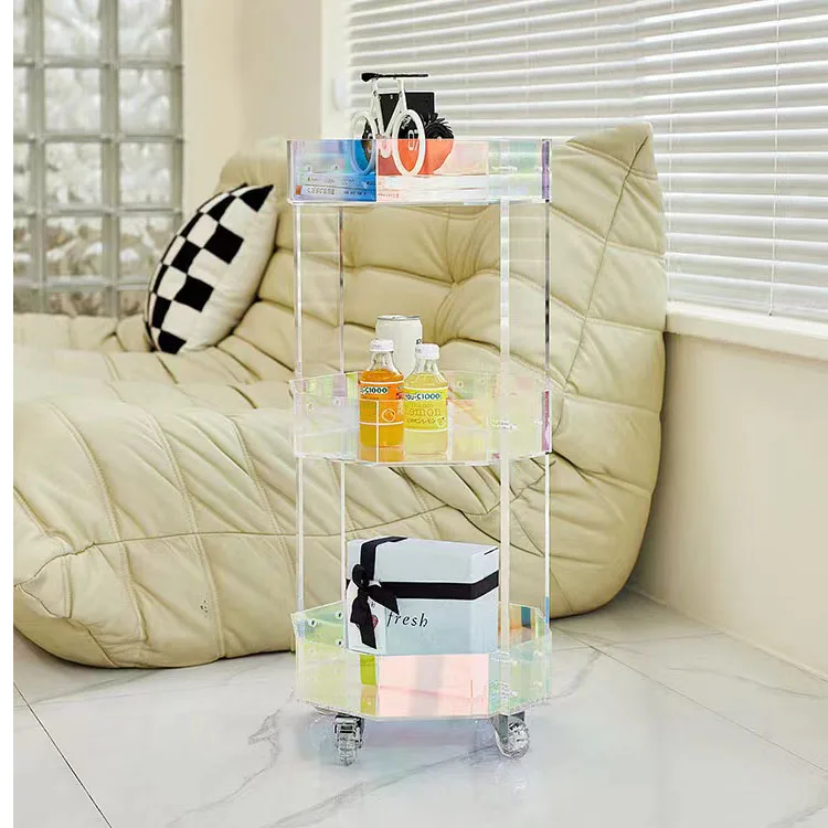 ！@Colorful Three-Layer Foldable Acrylic Cart Plastic Living Room Bathroom Side Table with Wheels for Kitchen Use Food Storage