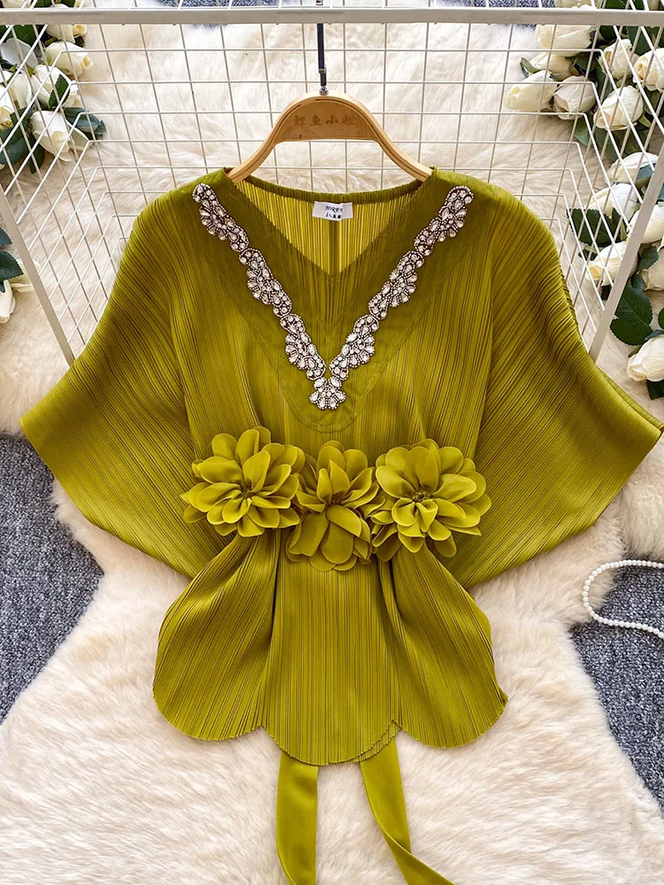 

Женская блузка с 3D цветочными аппликациями в стиле бабочки, V-образный вырез, воротник с бриллиантами, повседневная рубашка, весенний топ с завязками на талии, модель BL326