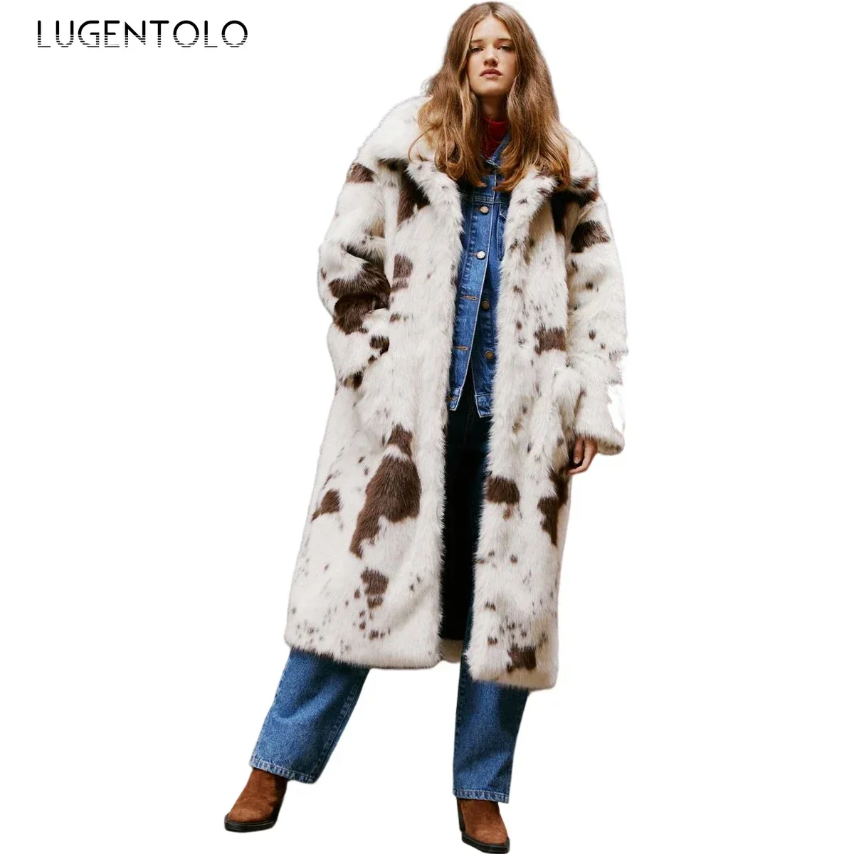 Women Faux Fur Cow Pattern Coat Warm New Autumn Winter Faux Fox Fur Lapel Female Elegant Cardigan Pocket Outwear