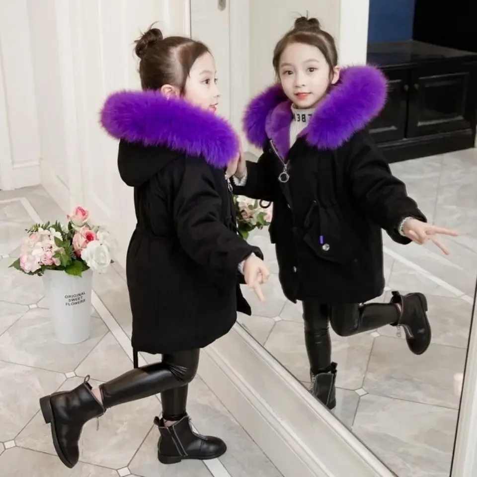 3-14Y Thick Keep Warm Winter Girls Jacket Large Fur Collar Padded Linning Hooded Heavy Coat For Kids Children Cold Outerwear