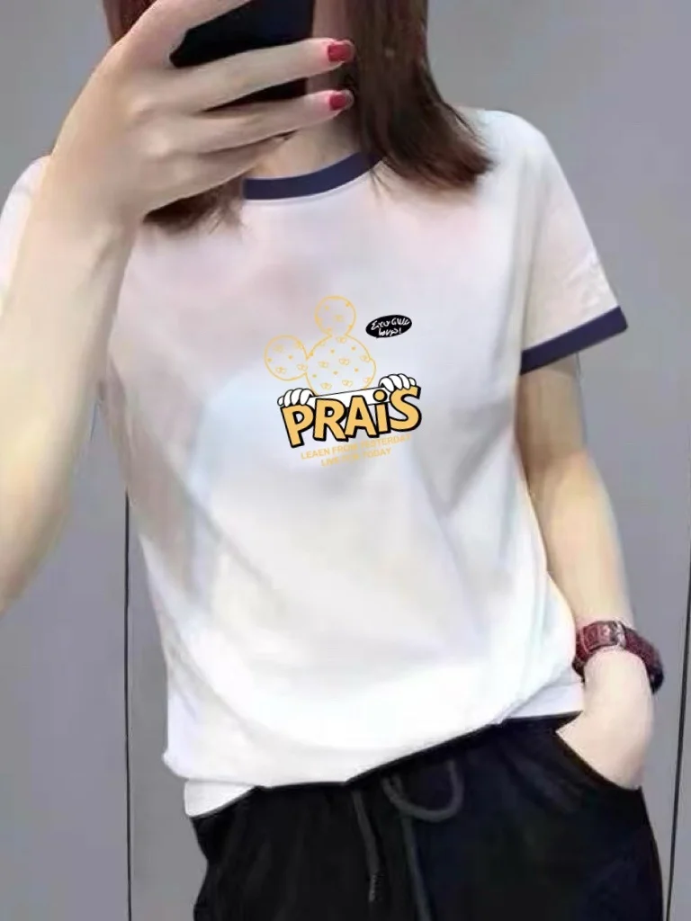 

Color Block Collar Short Sleeve T-Shirt Women's Letter Print round Neck Slimming Versatile Top for Middle-Aged And Elderly