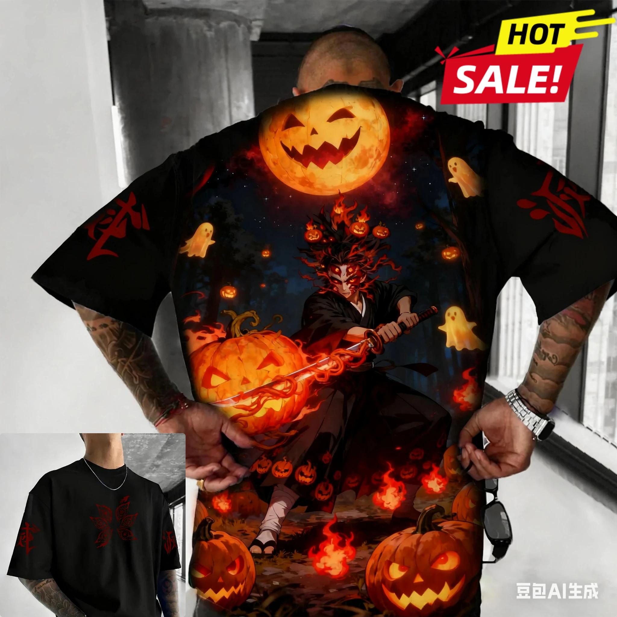 Retro 3D-geprinte mannen en vrouwen volwassen kinderen Hot Anime Ghost Out of Blade Fall schouderkostuum T-shirt Halloween