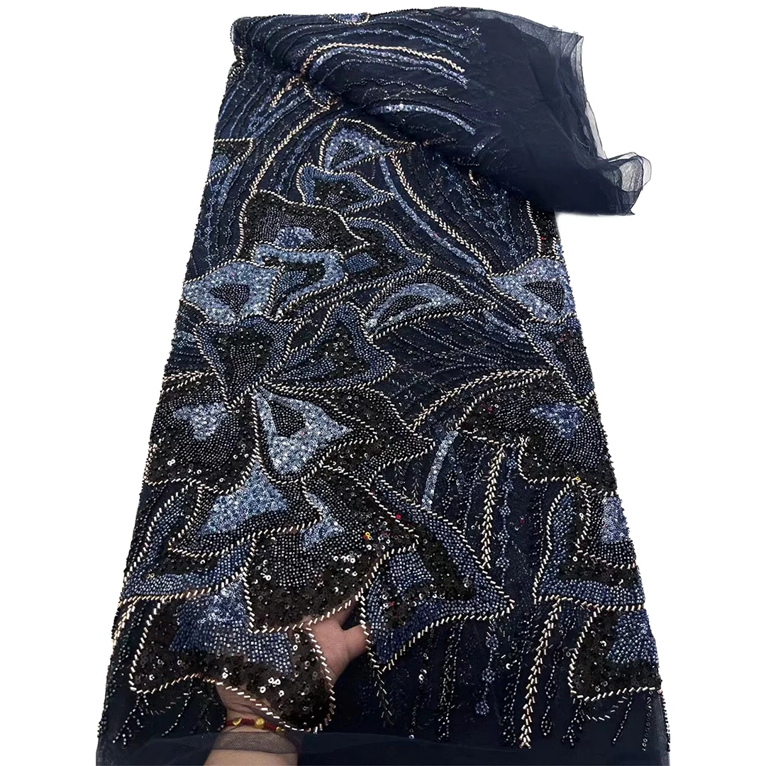 

African Beads Lace Fabric 2025 High Quality 5 Yards Nigerian Sequins Beads Lace Fabric French Laces Fabrics For Party Dress Sew