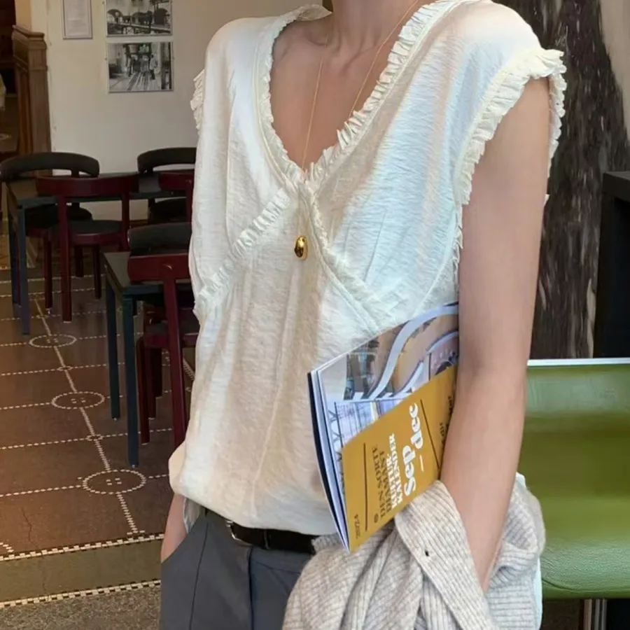 Sweet Style Women's Vest Strap Loose Feeling V-neck Pleated  Tie-dye Top Fashionable Casual Ladies' Tank Top