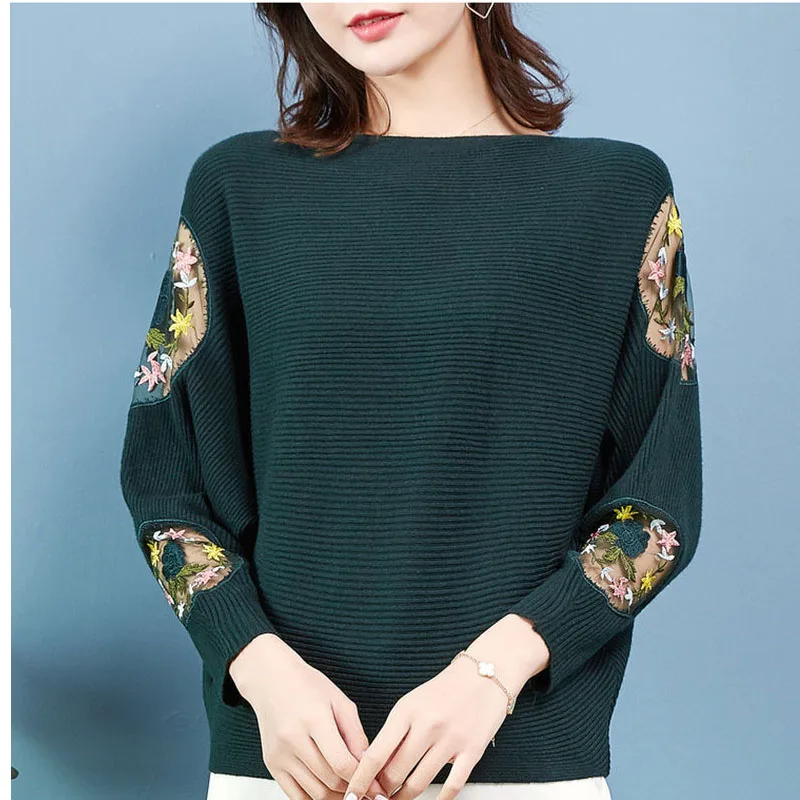 Women Autumn Bat Wing Sleeve Knitted Pullover Causal Loose Female Slash neck Pull Jumpers  Korea Tops Sueter mujer