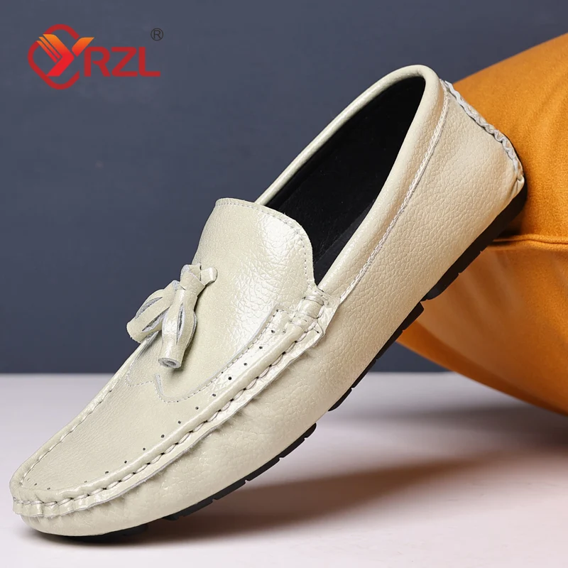 YRZL Echtes Leder Loafer Männer Casual Schuhe Luxus Marke Herren Quaste Faulenzer Atmungsaktive Slip auf Brogue Fahren Schuhe Plus Größe