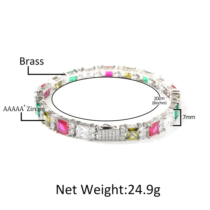 Hip Hop Iced Out Multicolor Square Zircon Tennis Bracelet for Men Bling Wrist Jewelry, Premium Luxury Ideal Gift