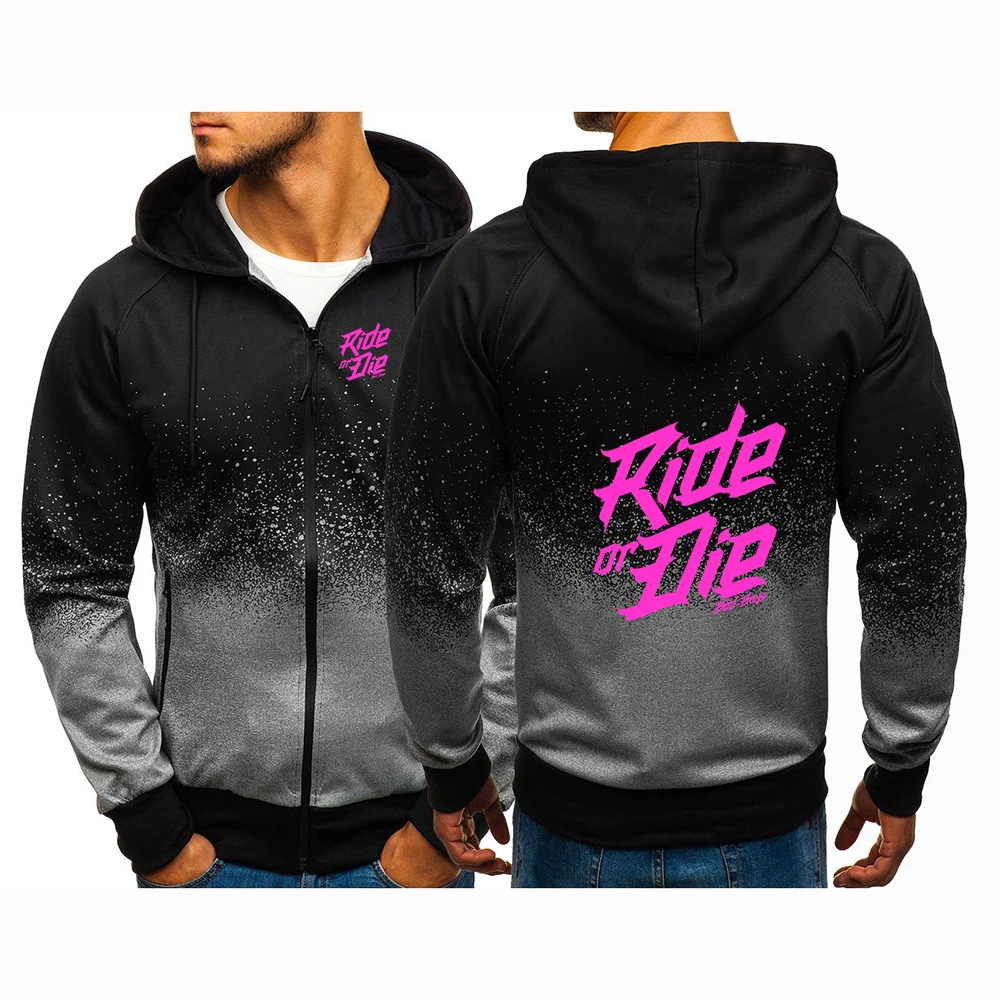 Zipper Men's Jacket Spring Autumn Casual Gradient Color Coat Ride or die bike Logo Print Collar Fashion Hooded Slim Fit Hoodies