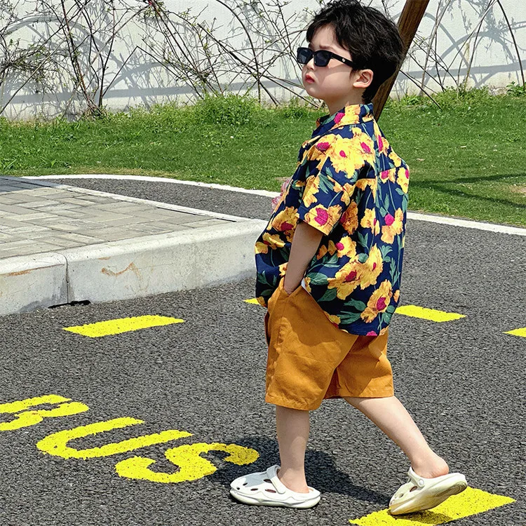 Set 2026 Spring and Summer New Children's Wear Boys and Girls Retro Holiday Style Shirt Shorts Dress Brother and Sister