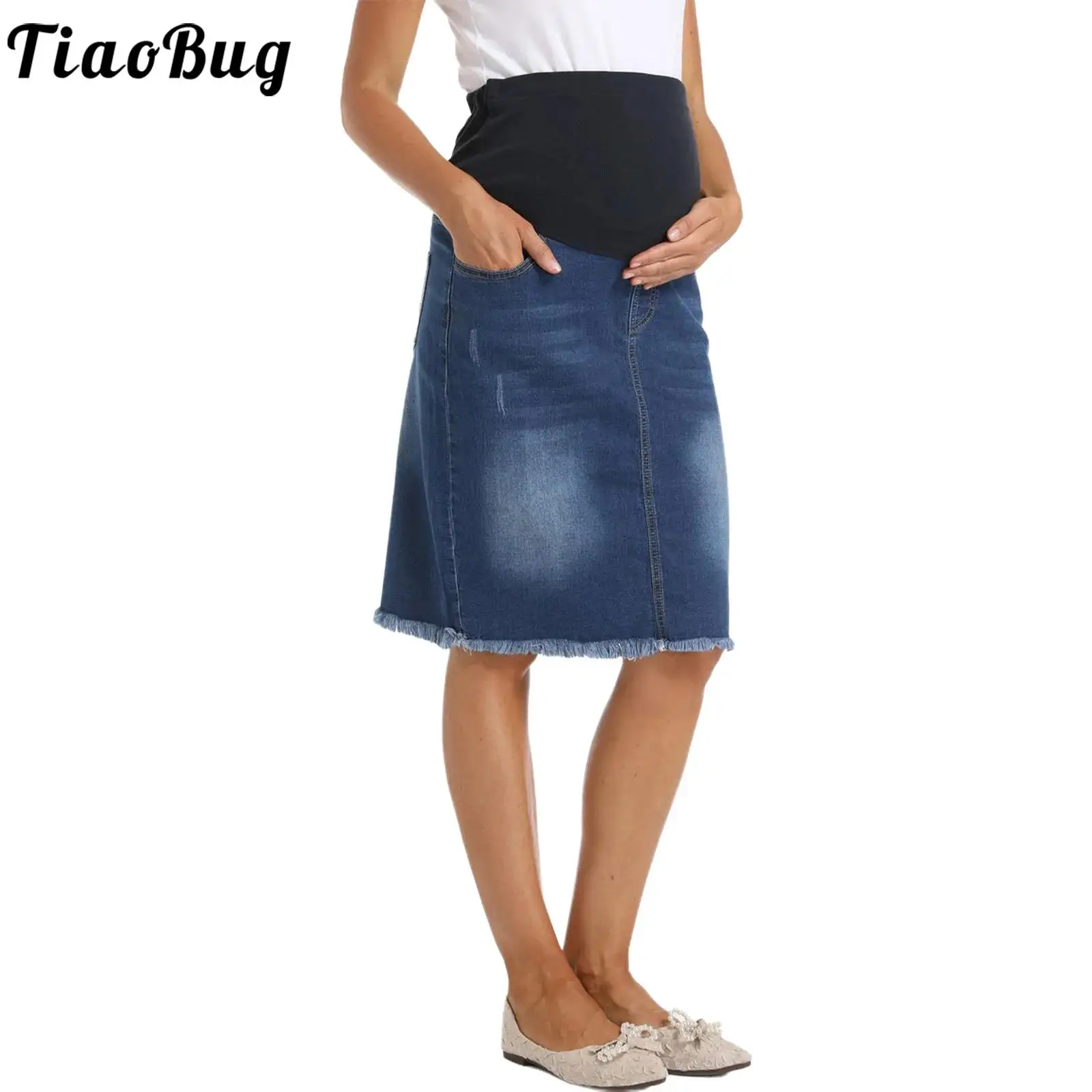 

Женская джинсовая юбка для беременных с высокой талией, регулируемой пояской, А-силуэт, для офиса и повседневной носки