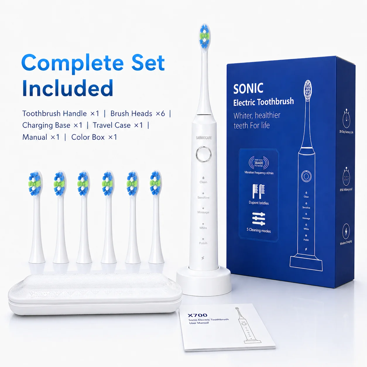 

Sonic Electric Toothbrush Smart Ultrasonic Dental Teeth Whitening Rechargeable Adult Tooth Brush Sarmocare X700 with 6Brush Head