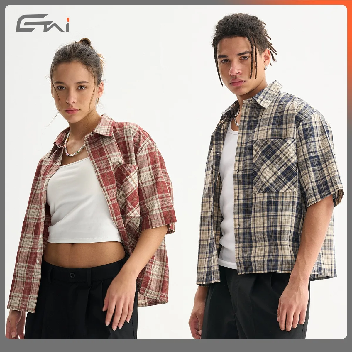 Summer Spring Men's Clothing Short Sleeve Box Fit Shirt Cotton Checkered Loose Y2K Vintage Casual Wear Button Collar