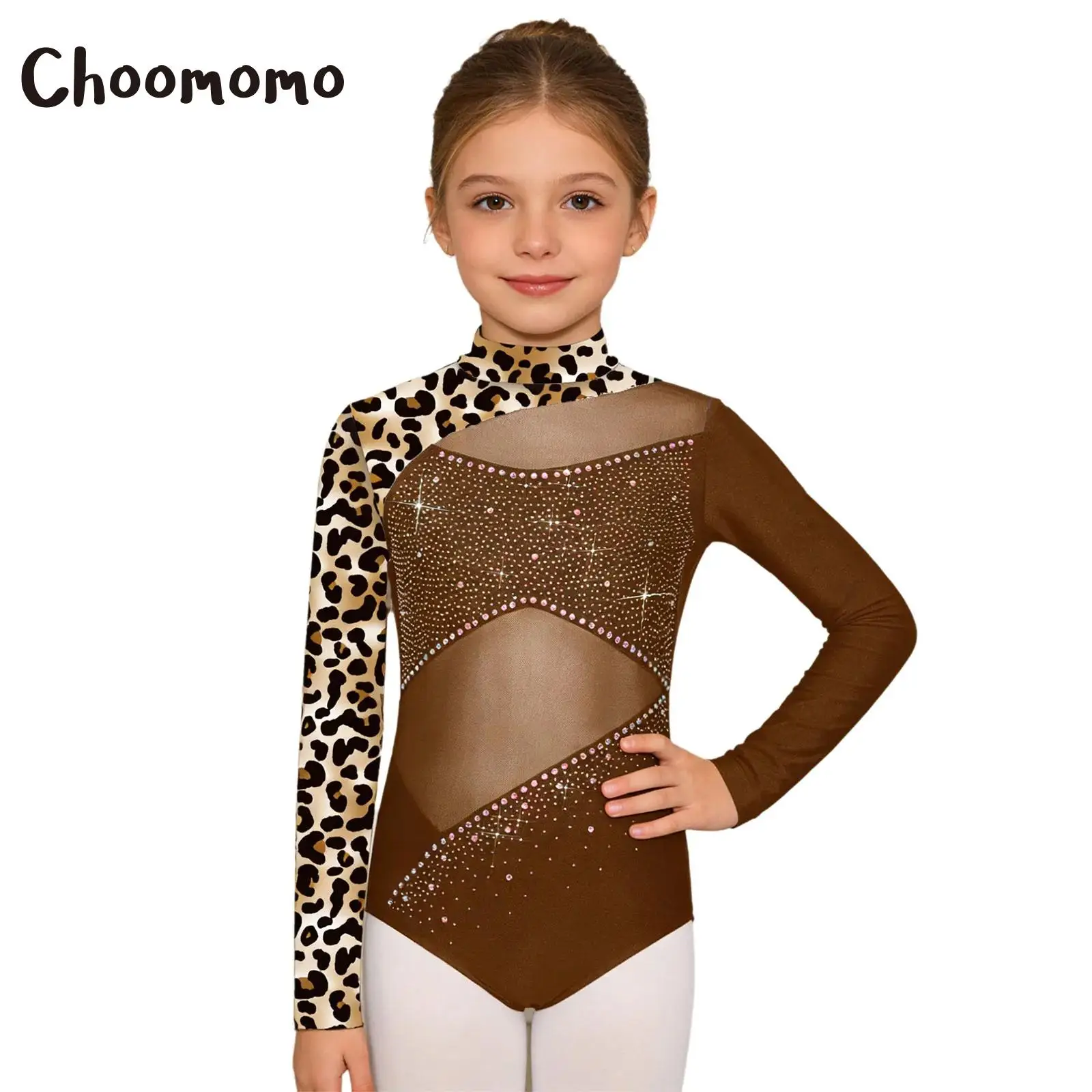 

Kids Girls Rhinestone Butterfly Print Ballet Bodysuit Gymnastics Leotard Long Sleeve Sheer Mesh Figure Skating Jumpsuit Costumes