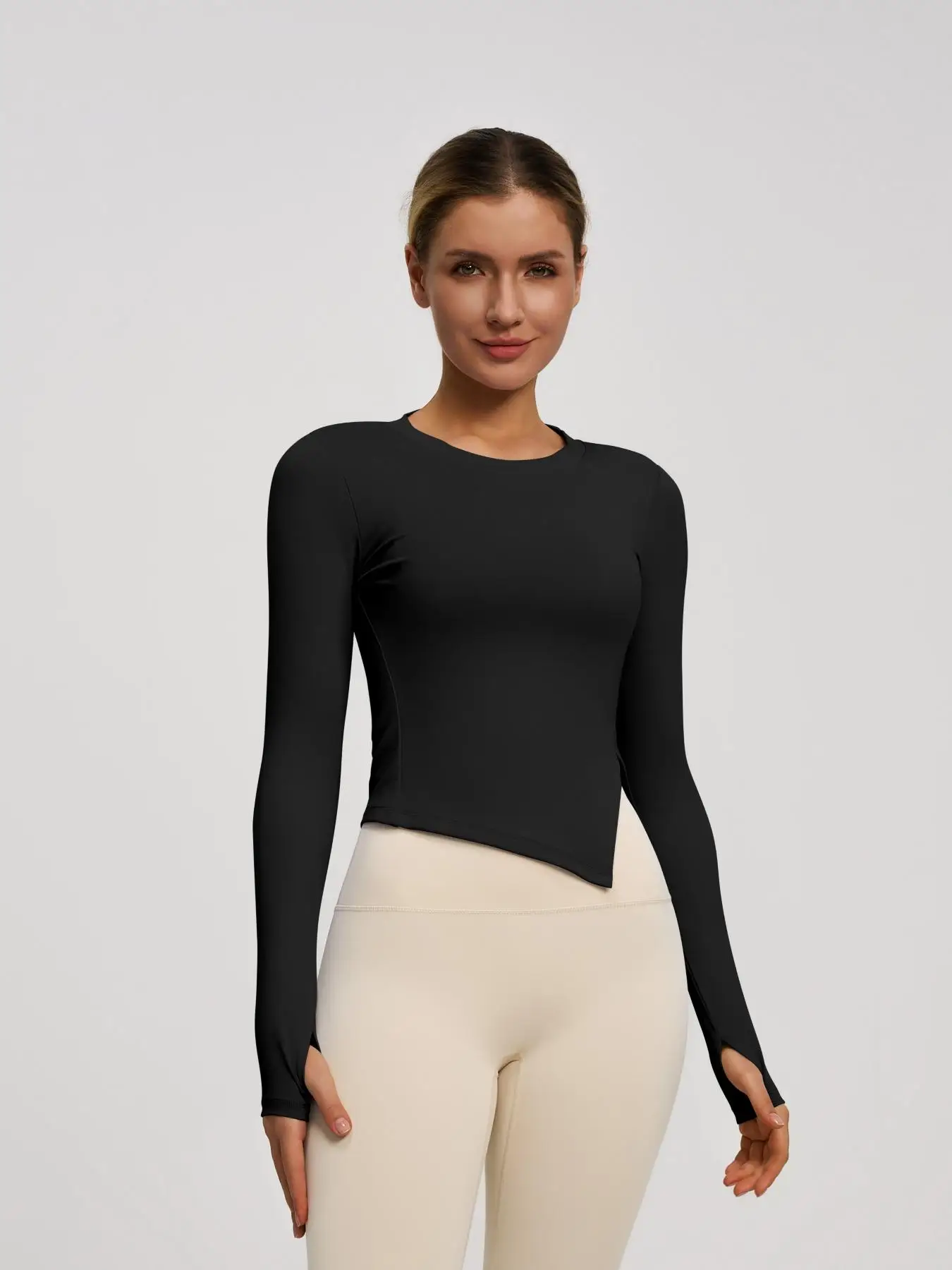 Einfarbiges Sport-Langarm-T-Shirt mit Raglanärmeln, geteiltes Yoga-Oberteil, feuchtigkeitsableitend, atmungsaktiv, langärmlig, lässig, Sport, Fitnessstudio. Wir