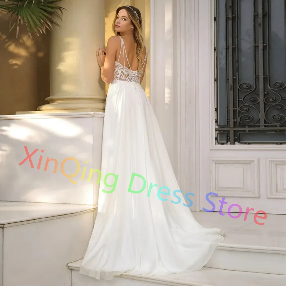 Customized Beach Wedding Dress for Brides 2024 Romantic Chiffon V-Neck Sweep Train Spaghetti Straps Bridal Gowns High Quality