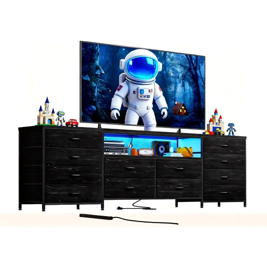 

63 Inch Fabric Dresser for Bedroom with 12 Drawers Black Closet Organizer Dual Use as TV Stand for 75 Inch TV with Power Outlet