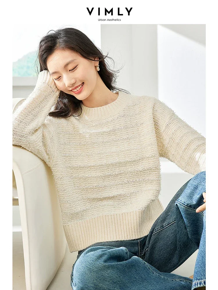 Vimly Apricot Striped Pullover Knitted Sweater Autumn O-neck Long Sleeve Tops for Woman 2023 Fall New Loose Knitwear Women 72269