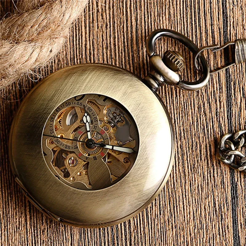 Antique Retro Skeleton Automatic Mechanical Pocket Watch for Men Women Arabic Numbers FOB Chain Luminous Hands Reloj De Bolso