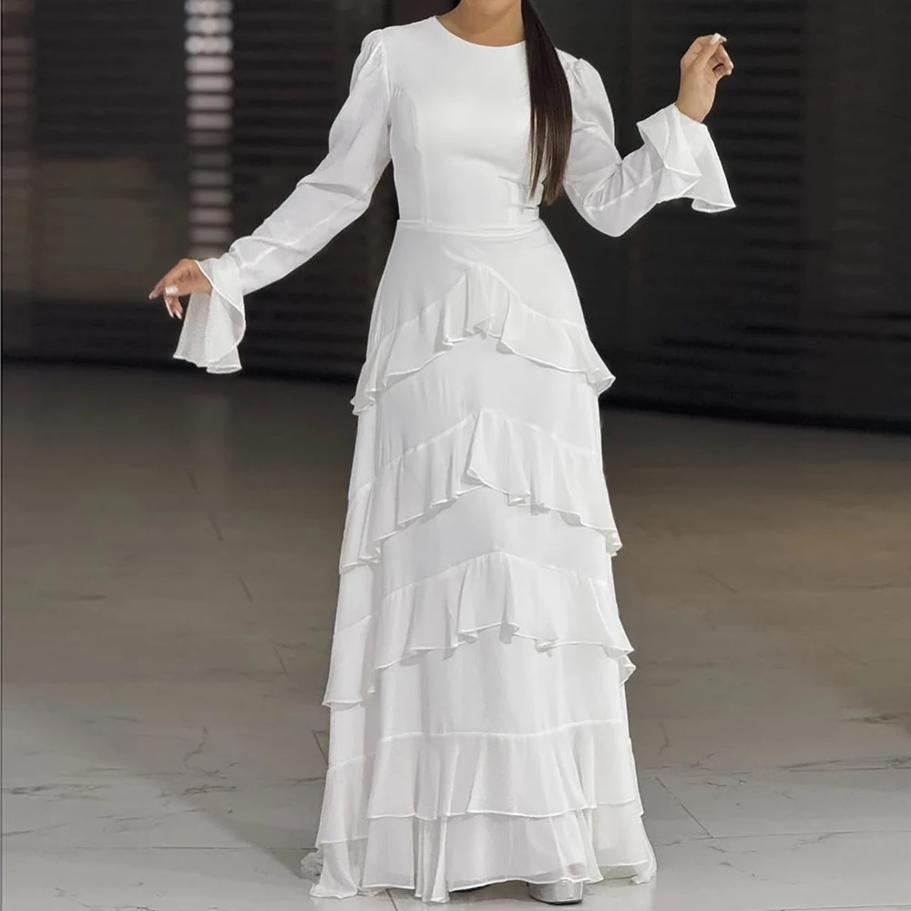 

Customized A-line Evening Dresses Floor-length O-neck Ufll Sleeve Prom Gown Fashion Ruched Simple Draped Casual Party Gown