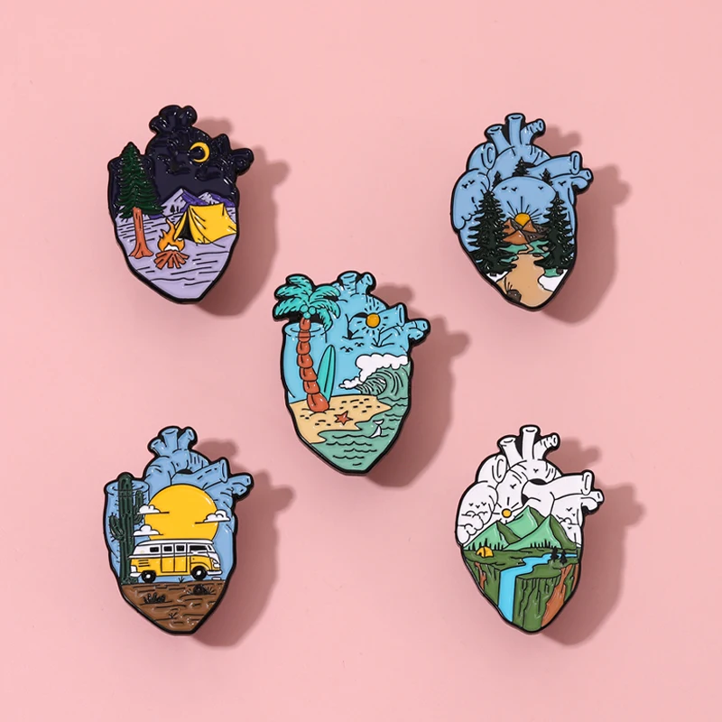 Heart Organ Enamel Pin Adventure Travel Camping Scenery Mountain Hiking Sunrise Brooch Lapel Bag Hat Jewelry Gift Free Shipping