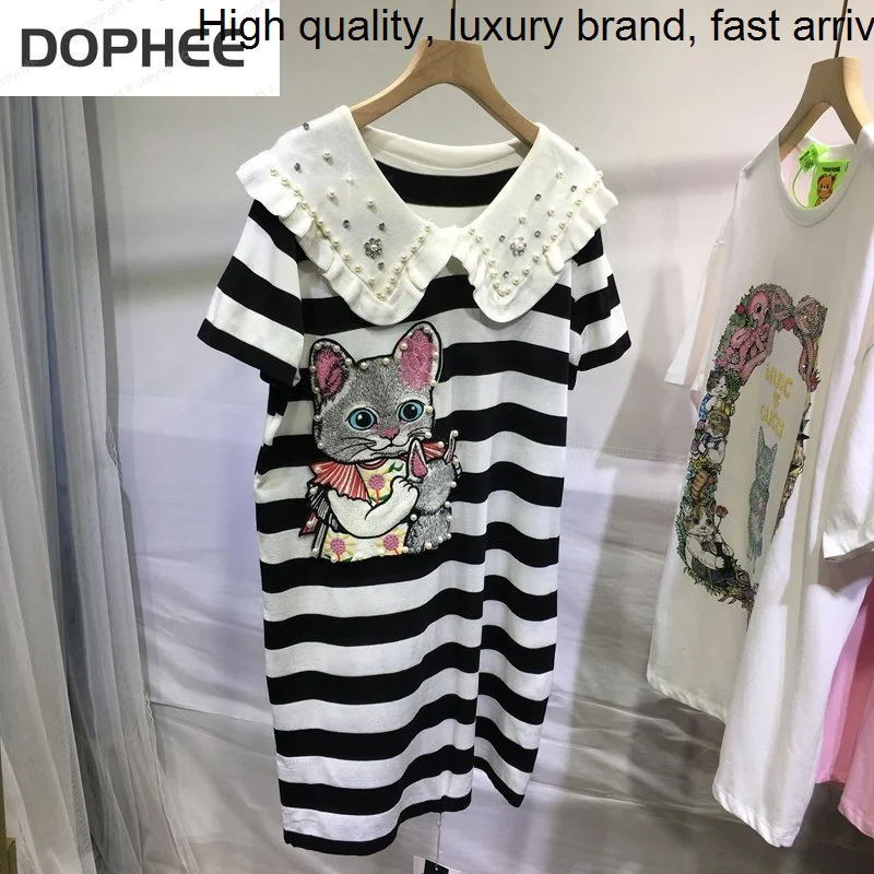 

Cat Mid-length Embroidery Beading Straight Tee Dress Women Turn-down Collar Cotton Top All-match Striped Short Sleeve T-shirt